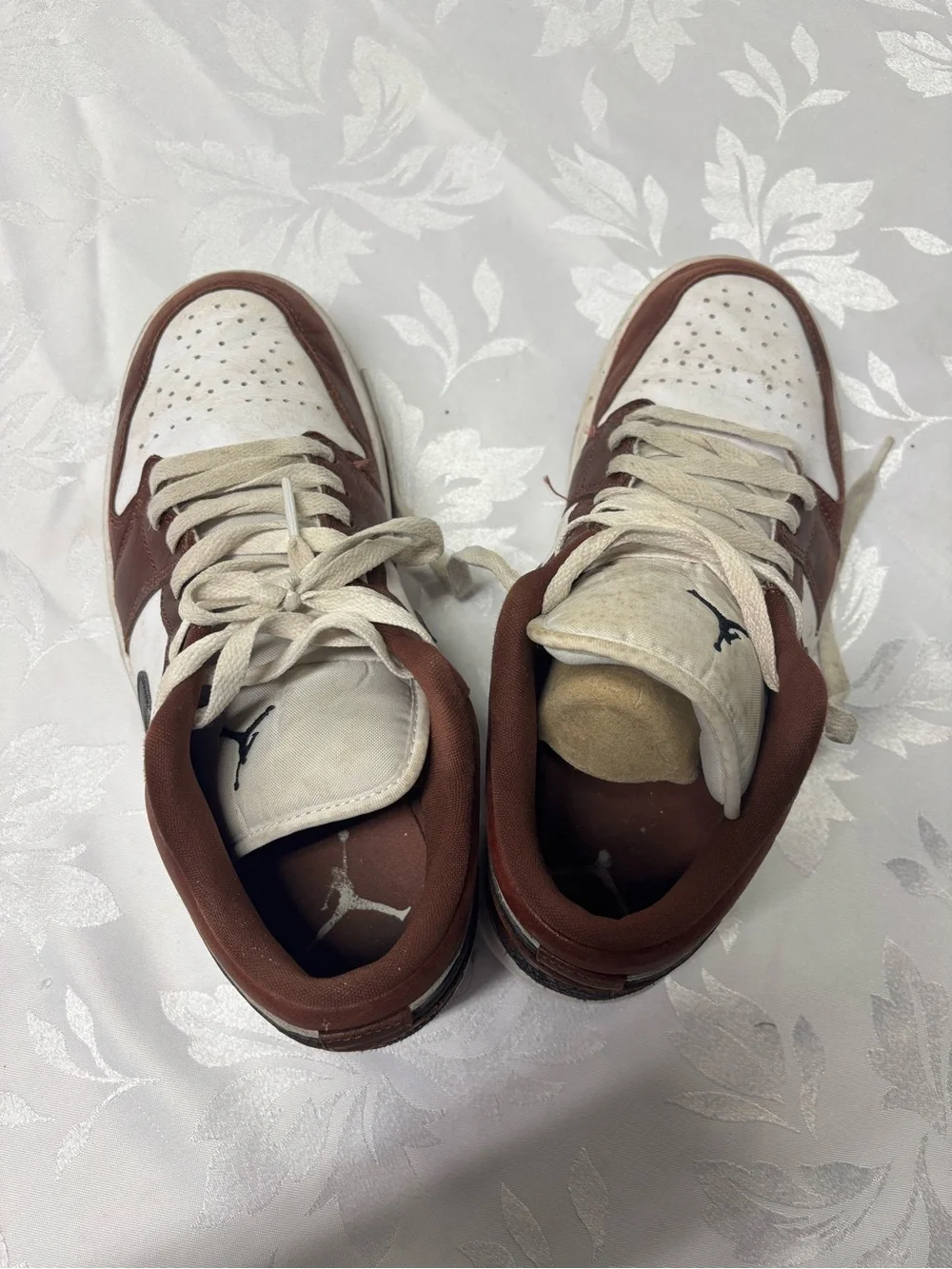 Jordan Low-Top Sneakers - White & Brown with Black Swoosh, used, men size 8